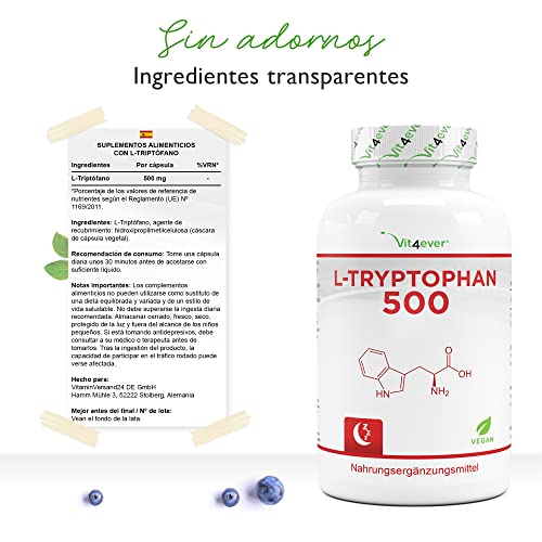 L-Triptófano 500 mg - 300 cápsulas veganas - Aminoácido puro de fermentación vegetal - Sin aditivos - Altamente dosificado - Vegano