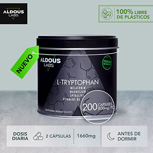 L-Triptófano Premium 600mg + Melatonina 1,78mg + Magnesio + Espirulina + Vitaminas | 1660mg | 200 Cápsulas Vegetales Triptófano | Máxima Absorción | Insomnio - Ansiedad - Estrés | Memoria - Energía