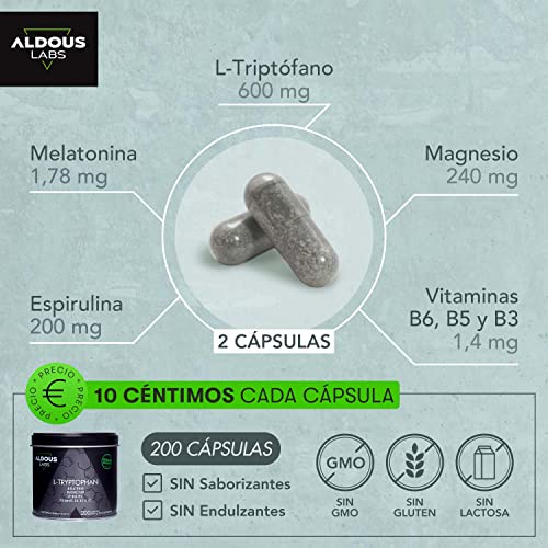 L-Triptófano Premium 600mg + Melatonina 1,78mg + Magnesio + Espirulina + Vitaminas | 1660mg | 200 Cápsulas Vegetales Triptófano | Máxima Absorción | Insomnio - Ansiedad - Estrés | Memoria - Energía