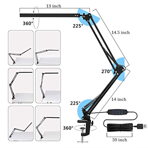 Lámpara de escritorio LED SKYLEO con abrazadera,luz de lectura regulable para el cuidado de los ojos,lámpara de brazo oscilante de 3 modos de color,lámpara de mesa con clip USB,lámpara de luz diurna