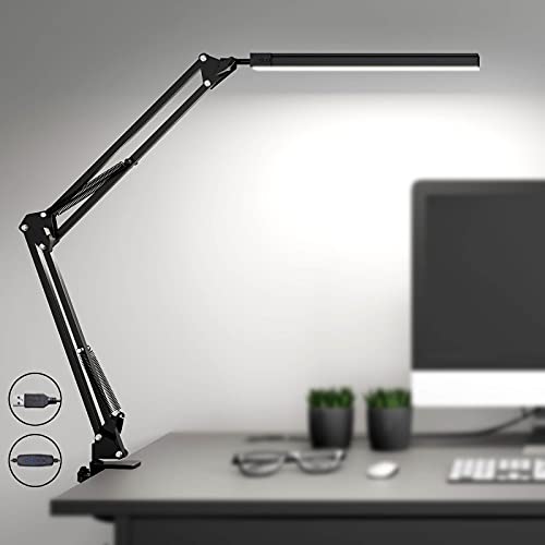 Lámpara de escritorio LED SKYLEO con abrazadera,luz de lectura regulable para el cuidado de los ojos,lámpara de brazo oscilante de 3 modos de color,lámpara de mesa con clip USB,lámpara de luz diurna