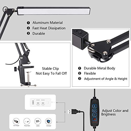 Lámpara de escritorio LED SKYLEO con abrazadera,luz de lectura regulable para el cuidado de los ojos,lámpara de brazo oscilante de 3 modos de color,lámpara de mesa con clip USB,lámpara de luz diurna