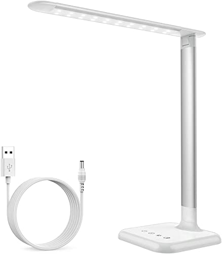 Lámpara Escritorio LED, Flexo de Escritorio Regulable con Puerto USB, 10 Niveles de Brillo, 5 Modos, Temporizador de 30/60min, Función de Memoria, Control Táctil, Cuidado de Ojos