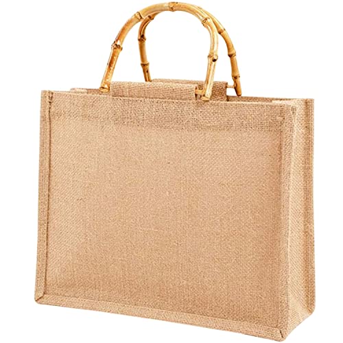 langjiao Bolsa de la compra portátil de yute para la compra, bolsa de bambú con asas de anillo Tote marrón claro, bolsa de la compra exquisita y ecológica Size: Large