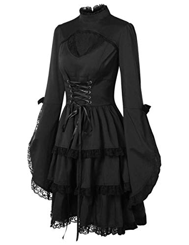 LATH.PIN Vestido de carnaval gótico de encaje negro con manga especial para anime, disfraz de anime, para mujer, vintage, para Halloween, carnaval, fiestas Negro M