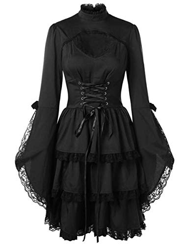 LATH.PIN Vestido de carnaval gótico de encaje negro con manga especial para anime, disfraz de anime, para mujer, vintage, para Halloween, carnaval, fiestas Negro M