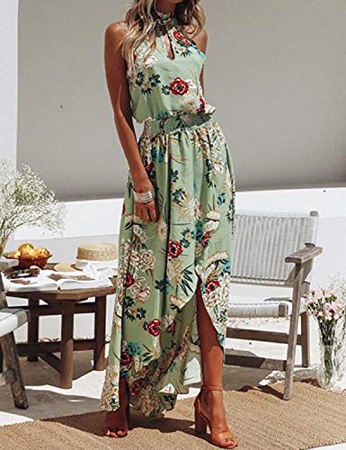 LATH.PIN - Vestido de playa de verano para mujer, diseño floral con hombros descubiertos y abertura frontal, vestido bohemio largo para fiesta, ceremonia, 458-verde, M