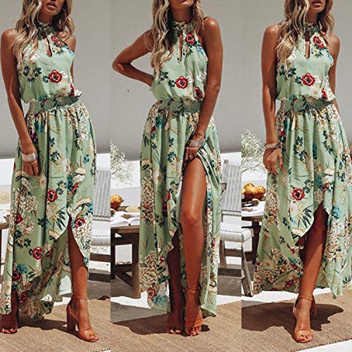 LATH.PIN - Vestido de playa de verano para mujer, diseño floral con hombros descubiertos y abertura frontal, vestido bohemio largo para fiesta, ceremonia, 458-verde, M