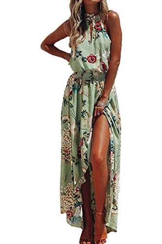 LATH.PIN - Vestido de playa de verano para mujer, diseño floral con hombros descubiertos y abertura frontal, vestido bohemio largo para fiesta, ceremonia, 458-verde, M