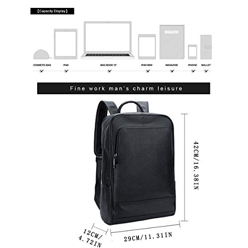 Leathario Mochila Tipo Caual Escolar Hombre Cuero Autentico Negro de Mano Backpack Laptop para Portátiles y Netbooks