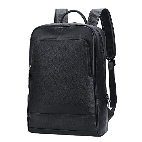 Leathario Mochila Tipo Caual Escolar Hombre Cuero Autentico Negro de Mano Backpack Laptop para Portátiles y Netbooks