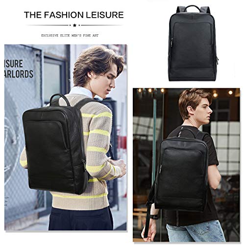 Leathario Mochila Tipo Caual Escolar Hombre Cuero Autentico Negro de Mano Backpack Laptop para Portátiles y Netbooks