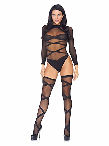 Leg Avenue One tamaño negro opaco Sheer Criss Cross Body Suit Y Medias A Juego para las mujeres