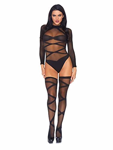 Leg Avenue One tamaño negro opaco Sheer Criss Cross Body Suit Y Medias A Juego para las mujeres