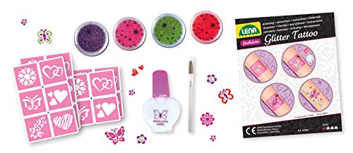 Lena 42440 Fashion Glitter Tattoo, Moda Set para Stylen y adornar con 4 Glitzerfarben, Pincel, látex y Diez Plantillas, abwaschbarer Körperschmuck para niñas a Partir de 6 años, Multicolor