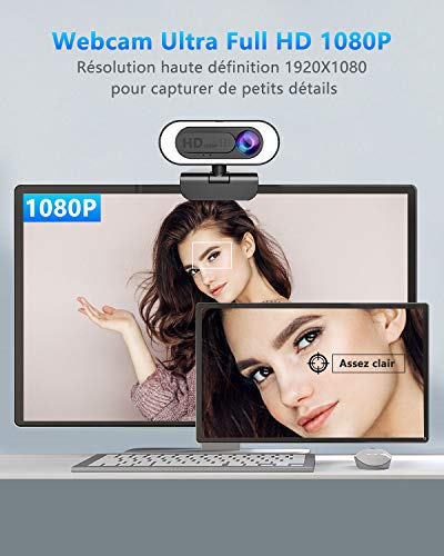 lesvtu Webcam PC con Microfono y Anillo de Luz, Camara Web 1080p con Tapa y Tripode para Ordenador/Portatil/Mac, Web CAM para Youtube, Skype, Zoom, Xbox One, Videoconferencia y Videollamadas