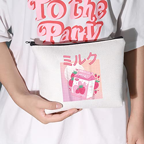 LEVLO Retro 90s Japonés Anime Cosméticos Bolsa Anime Kawaii Lover Regalo Kawaii Fresa Leche Batido Maquillaje Cremallera Bolsa Bolsa Para Mujeres Niñas Tees