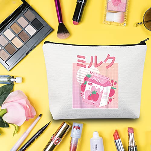 LEVLO Retro 90s Japonés Anime Cosméticos Bolsa Anime Kawaii Lover Regalo Kawaii Fresa Leche Batido Maquillaje Cremallera Bolsa Bolsa Para Mujeres Niñas Tees