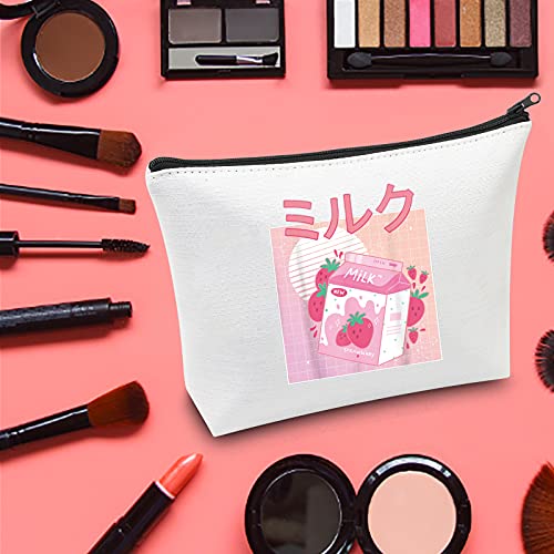 LEVLO Retro 90s Japonés Anime Cosméticos Bolsa Anime Kawaii Lover Regalo Kawaii Fresa Leche Batido Maquillaje Cremallera Bolsa Bolsa Para Mujeres Niñas Tees