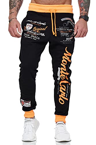 L.gonline Monte Carlo 592 - Pantalones largos de chándal para hombre, 100 % algodón, cómodos pantalones de deporte, puños acanalados, fitness, con cordón, perneras estrechas, 592, negro / naranja, L