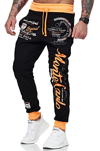 L.gonline Monte Carlo 592 - Pantalones largos de chándal para hombre, 100 % algodón, cómodos pantalones de deporte, puños acanalados, fitness, con cordón, perneras estrechas, 592, negro / naranja, L