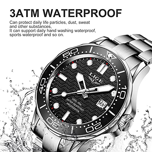 LIGE Relojes para Hombre Deportivo Moda de Lujo Resistente al Agua con Calendario de Cuarzo Analógico de Acero Inoxidable Luminoso Reloj de Pulsera para Hombre Plata Negra