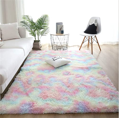 linyingdian Alfombra rectángulo Shaggy para Salón habitación de los Niños Dormitorio - Alfombra Antideslizante Muy Suave, Lavable, Tie-Dye, al Aire Libre Interior. (Colores del Arcoiris, 80x160cm)