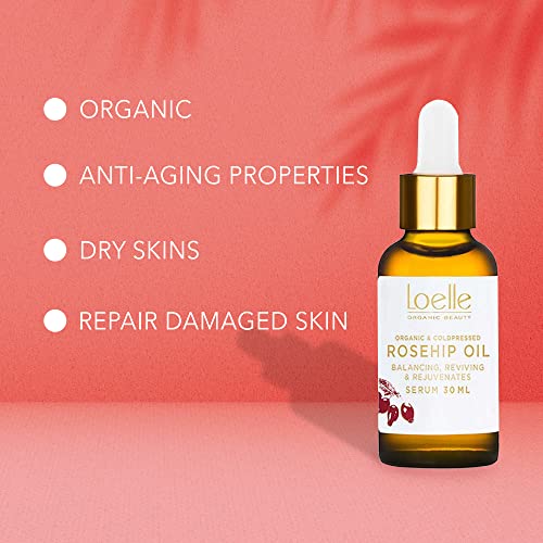 Loelle - Aceite de Rosa Mosqueta 100% Puro para Rostro con Alto Contenido de Vitamina E - Tratamiento Regenerador Contra Eczemas y Cicatrices - Hidratante Antiarrugas - Cosechado en Chile (30ml)