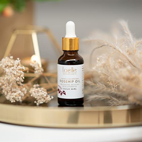 Loelle - Aceite de Rosa Mosqueta 100% Puro para Rostro con Alto Contenido de Vitamina E - Tratamiento Regenerador Contra Eczemas y Cicatrices - Hidratante Antiarrugas - Cosechado en Chile (30ml)