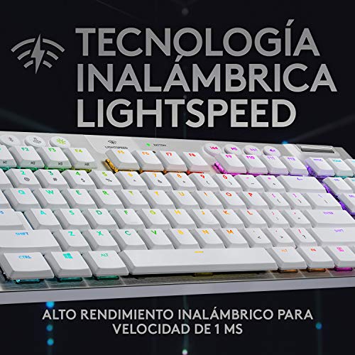 Logitech G915 LIGHTSPEED TKL Teclado Gaming Mecánico Inalámbrico con teclas GL-Táctil de bajo perfil, LIGHTSYNC RGB, Diseño ultra delgado, 40 Horas duración de Batería, Disposición QWERTY US - Blanco