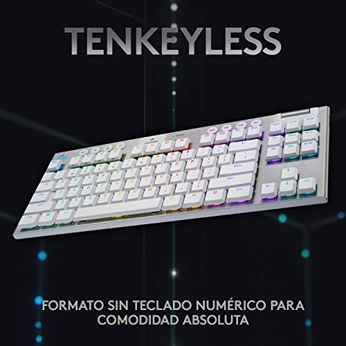 Logitech G915 LIGHTSPEED TKL Teclado Gaming Mecánico Inalámbrico con teclas GL-Táctil de bajo perfil, LIGHTSYNC RGB, Diseño ultra delgado, 40 Horas duración de Batería, Disposición QWERTY US - Blanco