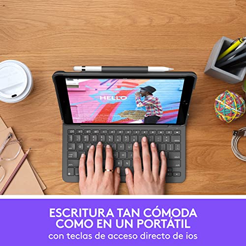 Logitech Slim Folio Funda con teclado inalámbrico integrado para iPad 7a generación, Model: A2197, A2200, A2198, A2270, A2428, A2429, A2430, Disposición QWERTY Español, Gris