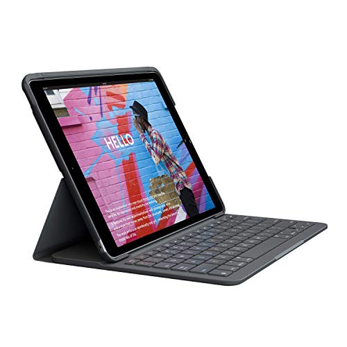 Logitech Slim Folio Funda con teclado inalámbrico integrado para iPad 7a generación, Model: A2197, A2200, A2198, A2270, A2428, A2429, A2430, Disposición QWERTY Español, Gris