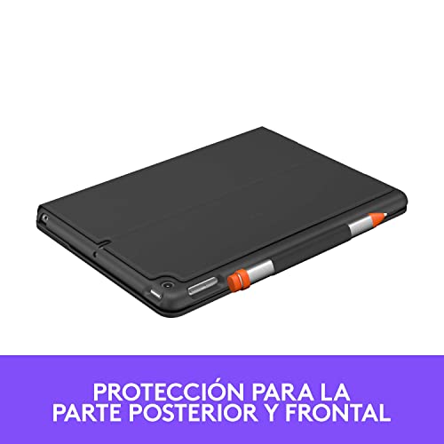 Logitech Slim Folio Funda con teclado inalámbrico integrado para iPad 7a generación, Model: A2197, A2200, A2198, A2270, A2428, A2429, A2430, Disposición QWERTY Español, Gris