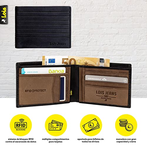 Lois - Cartera para Hombre Piel Genuina Cuero Pequeña con Monedero de Marca LOIS, Tarjetero con Sistema Bloqueo Antiescaneo de Seguridad RFID 202207, Color Negro