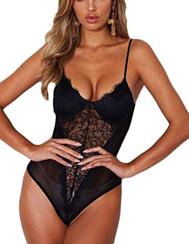 Loralie Body de mujer sexy de encaje de tul y encaje para mujer, de verano, sin mangas, cuello en V, abierto posterior transparente, Negro , L