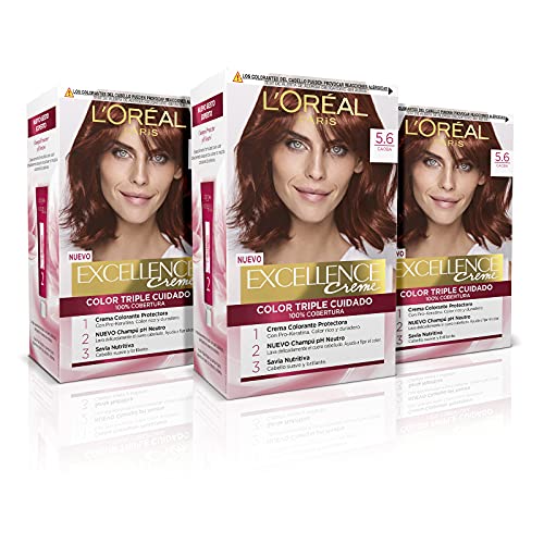 L'Oréal Paris Excellence Creme Tinte Permanente Triple Cuidado Cobertura Canas Tono 5.6 Caoba - Pack 3 Es, Marrón