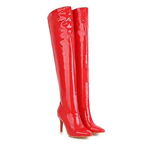 LOVE-HOME Botas Por Encima De La Rodilla Para Mujer, Botas Largas De Charol Para Mujer, Punta Estrecha, Tacón De Aguja, Zapatos De Discoteca Sexy Para Mujer,Rojo,33