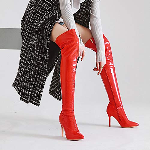 LOVE-HOME Botas Por Encima De La Rodilla Para Mujer, Botas Largas De Charol Para Mujer, Punta Estrecha, Tacón De Aguja, Zapatos De Discoteca Sexy Para Mujer,Rojo,33