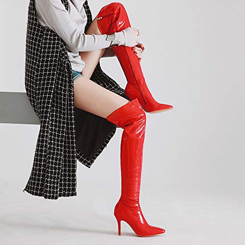 LOVE-HOME Botas Por Encima De La Rodilla Para Mujer, Botas Largas De Charol Para Mujer, Punta Estrecha, Tacón De Aguja, Zapatos De Discoteca Sexy Para Mujer,Rojo,33