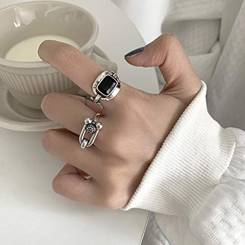 LuckyOne 925 plata esterlina Retro U forma grande negro piedra preciosa anillo femenino refinamiento moda moda joyería accesorios venta por mayor