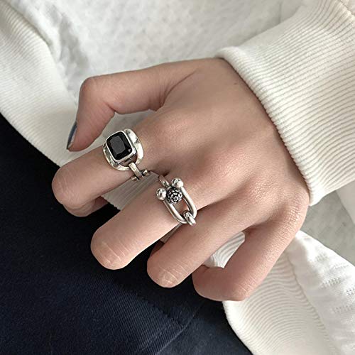 LuckyOne 925 plata esterlina Retro U forma grande negro piedra preciosa anillo femenino refinamiento moda moda joyería accesorios venta por mayor