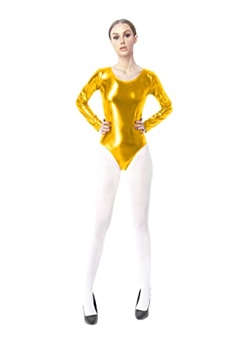 Maillot Ballet Brillo Mujer, Maillot gimnasia ritmica Mujer, Mallot de ballet/danza Manga Larga,Camiseta Body para Mujer, Leotardos de Color Surtido y Brillante (S, Dorado)