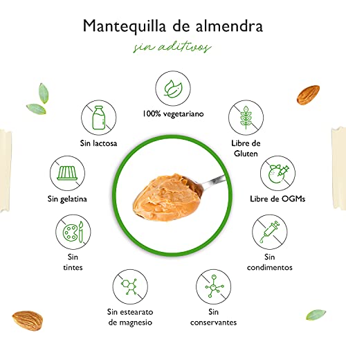 Mantequilla de almendras crujiente - 1kg Mantequilla de almendras natural sin aditivos - Fuente de proteínas - Mantequilla de almendras sin azúcares añadidos, sal, aceite o grasa de palma - Vegano