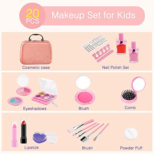 Maquillaje para Niñas,20 Piezas Juguetes de Maquillaje Lavables para Niños, Seguros y No Tóxicos, Juegos de Maquillaje para Niñas, Regalo de Princesa para Niñas en Fiesta Cumpleaños 6 7 8 9 10 Años