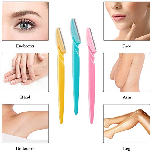 Maquinilla de afeitar para cejas, 15 piezas de herramientas de maquillaje, afeitadoras, recortadoras, removedor de cuchillos para el vello facial (rosa, azul cielo, amarillo)