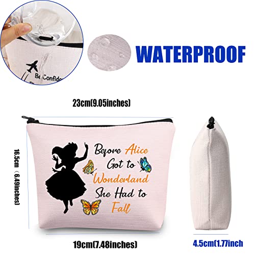 Maravillosa cita bolsa de maquillaje Alice Gift Before Alice Got to Wonderland She Had to Fall bolsa de cosméticos con cremallera, regalo inspirador de Alice para mujeres y niñas, Pink, Bolsa de aseo