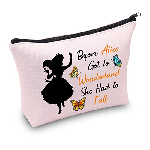 Maravillosa cita bolsa de maquillaje Alice Gift Before Alice Got to Wonderland She Had to Fall bolsa de cosméticos con cremallera, regalo inspirador de Alice para mujeres y niñas, Pink, Bolsa de aseo