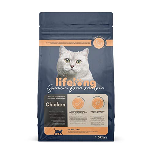 Marca Amazon - Lifelong - Alimento seco completo para gatos con pollo fresco. Receta sin cereales - 1,5 kg