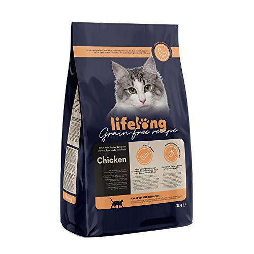 Marca Amazon Lifelong Alimento seco para gatos adultos esterilizados con pllo fresco, receta sin cereales - 3kg * 3